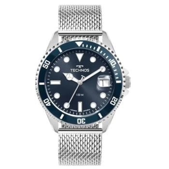 Relógio Technos Acqua Prateado Masculino Pulseira Milanesa Aro Giratório Visor Azul com Calendário Maquinário Japonês Aço Inoxidável Á Prova d'água 2415DY/1A