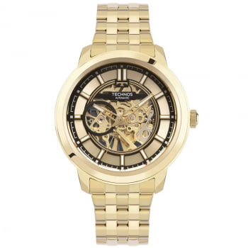 Relógio Technos automático masculino dourado Esqueleto aço inox A prova d´água G3265AF/1D