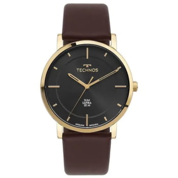 Relógio Technos Dourado Slim Vidro Safira Minimalista Visor Preto Pulseira em Couro Maquinário Japonês Aço Inoxidável Á Prova d'água GL32AZ/0P   