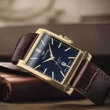 Relógio Technos Executive Masculino Dourado com Calendário e Visor Azul Pulseira em Couro Marrom Maquinário Japonês Aço inoxidável Á Prova d'água 2115TVM/0A