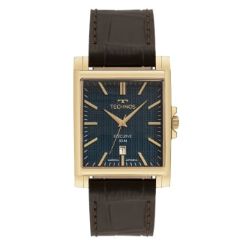 Relógio Technos Executive Masculino Dourado com Calendário e Visor Azul Pulseira em Couro Marrom Maquinário Japonês Aço inoxidável Á Prova d'água 2115TVM/0A