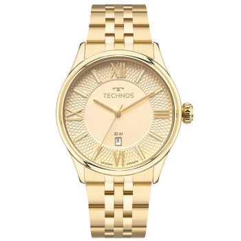 Relógio Technos Executive Masculino Dourado Visor Champagne Texturizado com Calendário Maquinário Japonês Aço Inoxidável  á Prova d'água 2115UAV/1X