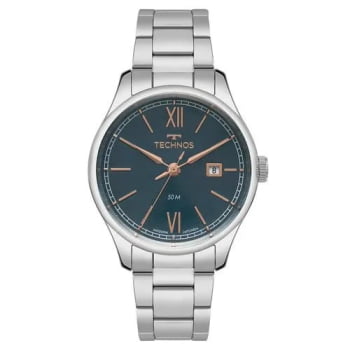 Relógio Technos Executive Masculino Prata Visor Azul com Calendário Maquinário Japonês Aço Inoxidável Á Prova d'água 2115TYL/1A 