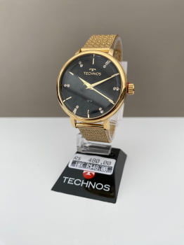 Relógio Technos Feminino Dourado com Pulseira Milanesa Visor Preto Maquinário Japonês Aço Inoxidável Á Prova d'água 2036MC/1P