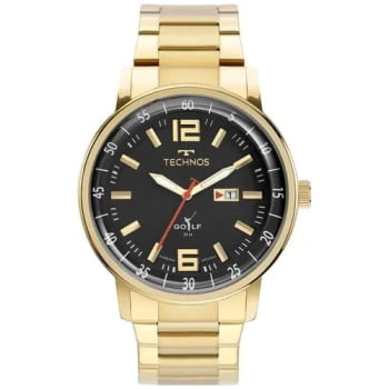 Relógio Technos Golf Masculino Dourado Visor Preto com Calendário Maquinário Japonês Aço Inoxidável  Á Prova d'água 2115MWD/1PH
