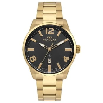 Relógio Technos Golf Masculino Dourado Visor Preto com Calendário Maquinário Japonês Aço Inoxidável á Prova d'água 2115UBF/1P