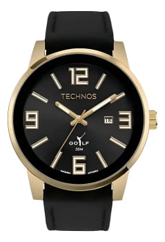 Relógio Technos Golf Masculino Dourado Visor Preto com Calendário Pulseira em Couro Preta Maquinário Japonês Aço Inoxidável Á Prova d'água 2115MWUS/0P Relógio Technos Golf Masculino Dourado Visor Preto com Calendário Pulseira em Couro Preta Maquinário Japonês Aço Inoxidável Á Prova d'água 2115MWUS/0P