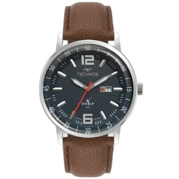 Relógio Technos Golf Masculino Prata Visor Azul com Calendário Pulseira em Couro Marrom Maquinário Japonês Aço Inoxidável Á Prova d'água 2115TVP/0A
