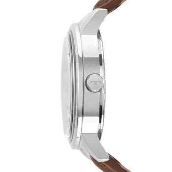 Relógio Technos Golf Masculino Prata Visor Azul com Calendário Pulseira em Couro Marrom Maquinário Japonês Aço Inoxidável Á Prova d'água 2115TVP/0A