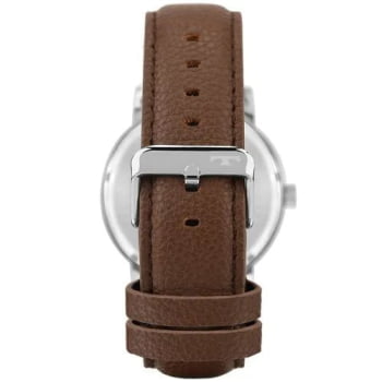 Relógio Technos Golf Masculino Prata Visor Azul com Calendário Pulseira em Couro Marrom Maquinário Japonês Aço Inoxidável Á Prova d'água 2115TVP/0A