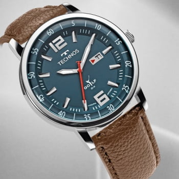 Relógio Technos Golf Masculino Prata Visor Azul com Calendário Pulseira em Couro Marrom Maquinário Japonês Aço Inoxidável Á Prova d'água 2115TVP/0A