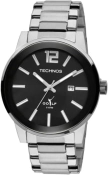 Relógio Technos Golf Masculino Prateado Visor Preto Com Calendário Maquinário Japonês Aço Inoxidável á Prova d´água 2115TUS/1P