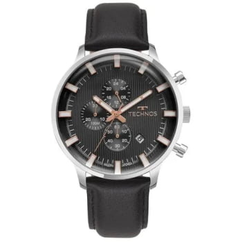 Relógio Technos Grandtech Masculino Prateado Visor Preto Texturizado com Cronógrafo e Calendário Pulseira em Couro Maquinário Japonês Aço Inoxidável Á Prova d'água JS15ENS/0P