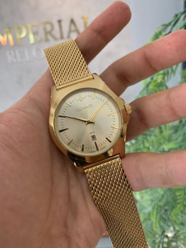 Relógio Technos Masculino Dourado com Calendário e Pulseira Milanesa Maquinário Japonês Aço Inoxidável Á Prova d'água 2115MZB/1D