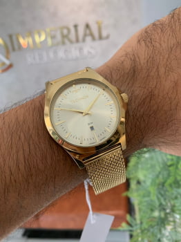 Relógio Technos Masculino Dourado com Calendário e Pulseira Milanesa Maquinário Japonês Aço Inoxidável Á Prova d'água 2115MZB/1D