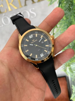 Relógio Technos Dourado Masculino Aço Inox Pulseira em silicone com Calendário Á prova d'água 2115KPU/8P
