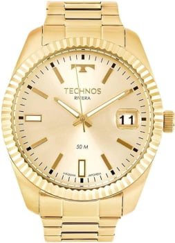 Relógio Technos Riviera Masculino Dourado com Calendário Maquinário Japonês Aço Inoxidável Á Prova d'água 2415CHTDY/4X