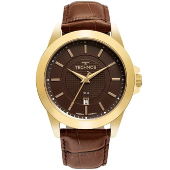 Relógio Technos Steel masculino Dourado com Calendário e pulseira de couro Á Prova d'água 2115MYA/0M