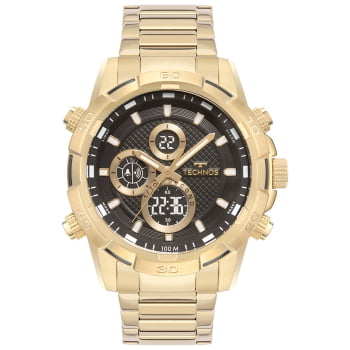 Relógio Technos Masculino Dourado Display Duplo com Taquímetro Maquinário Japonês Aço Inoxidável á Prova D'água BJ4060AB/1P