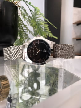 Relógio Technos Steel Prateado Masculino Pulseira Milanesa com Calendário Maquinário Japonês Aço Inoxidável Á Prova d'água 2115LALS/0P