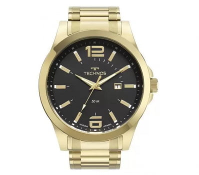 Relógio Technos Masculino Mostrador Preto com Calendário Dourado á Prova D'água 2115MZV/1P