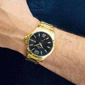 Relógio Technos Masculino Mostrador Preto com Calendário Dourado á Prova D'água 2115MZV/1P