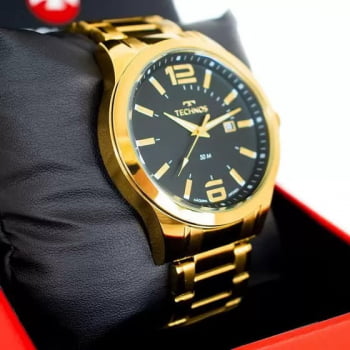 Relógio Technos Masculino Mostrador Preto com Calendário Dourado á Prova D'água 2115MZV/1P