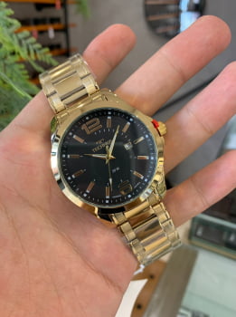 Relógio Technos Masculino Mostrador Preto com Calendário Dourado á Prova D'água 2115MZV/1P
