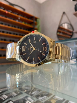 Relógio Technos Masculino Mostrador Preto com Calendário Dourado á Prova D'água 2115MZV/1P