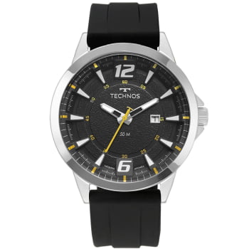 Relógio Technos Masculino Racer Prateado Visor Preto com Calendário Pulseira de Silicone Maquinário Japonês Aço Inoxidável Á Prova d'água 2117LDP/2P