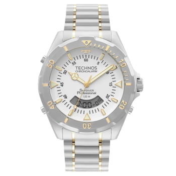 Relógio Technos Masculino Skydiver Bicolor Digital e Analógico Aço Inox Catraca Giratória á prova d´água WT2050AGN/1B