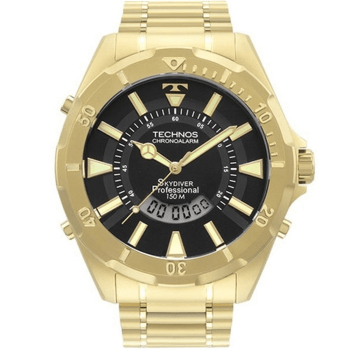 Relógio Technos Skydiver Professional Dourado Masculino Display Duplo Catraca Giratória Aço Inoxidável Á Prova d´água WT205FL/4P