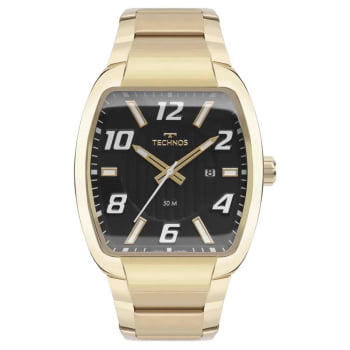 Relógio Technos Skymaster Masculino Dourado Quadrado Visor Preto com Calendário Maquinário Japonês Aço Inoxidável Á Prova d'água 2115NCO/1P