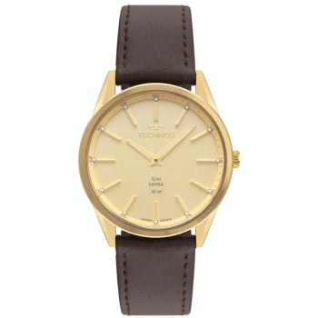 Relógio Technos Masculino Slim Dourado Visor Champanhe com Calendário Vidro Safira Pulseira em Couro Marrom Maquinário Japonês Aço Inoxidável á Prova d'água GL22BC/0X Relógio Technos Masculino Slim Dourado Visor Champanhe com Calendário Vidro Safira Pulseira em Couro Marrom Maquinário Japonês Aço Inoxidável á Prova d'água GL22BC/0X