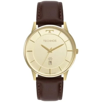 Relógio Technos Masculino Slim Dourado Visor Champanhe com Calendário Vidro Safira Pulseira em Couro Marrom Maquinário Japonês Aço Inoxidável á Prova d'água GM10YU/0D
