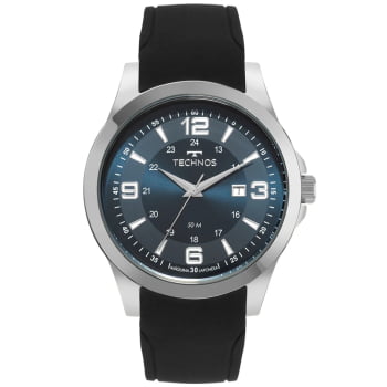 Relógio Technos Prateado Masculino com Pulseira de Silicone Visor Preto com Calendário Maquinário Japonês Aço Inoxidável Á Prova d'água 2115KPT/2L Relógio Technos Prateado Masculino com Pulseira de Silicone Visor Preto com Calendário Maquinário Japonês Aço Inoxidável Á Prova d'água 2115KPT/2L