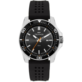 Relógio Technos Prateado Masculino com Pulseira de Silicone Visor Preto com Calendário Maquinário Japonês Aço Inoxidável Á Prova d'água 2117LFW/1P