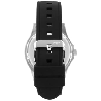 Relógio Technos Prateado Masculino com Pulseira de Silicone Visor Preto com Calendário Maquinário Japonês Aço Inoxidável Á Prova d'água 2115KPT/2L
