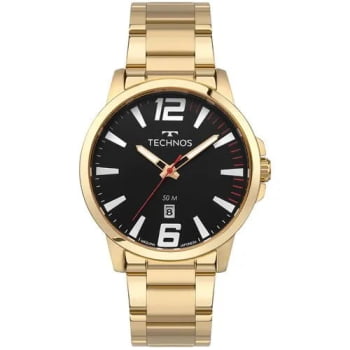 Relógio Technos Racer Basico Masculino Dourado Visor Preto Com Calendário Maquinário Japonês Aço Inoxidável á Prova d´água 2115UCO/1P
