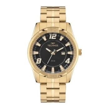 Relógio Technos Racer Masculino Dourado Visor Preto com Calendário Maquinário Japonês Aço Inoxidável  á Prova d'água 2115UAB/1P