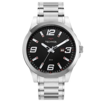 Relógio Technos Racer Masculino Prata Visor Preto com Detalhes Vermelho e Calendário Maquinário Japonês Aço Inoxidável á Prova d'água 2115MOLS/1P