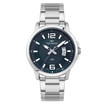 Relógio Technos Racer Masculino Prateado Visor Azul com Calendário Maquinário Japonês Aço Inoxidável Á Prova d'água 2315LAR/1A