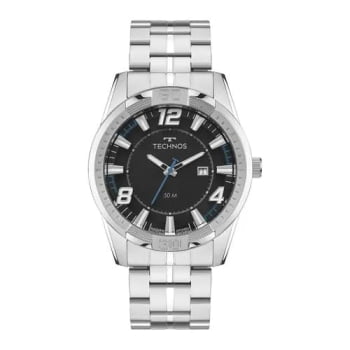 Relógio Technos Racer Masculino Prateado Visor Preto com Calendário Maquinário Japonês Aço Inoxidável  á Prova d'água 2115UAC/1P