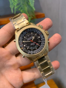 Relógio Technos Skydiver Display Duplo Masculino Dourado com Calendário Aço inox Á prova d´água WT20565/4P