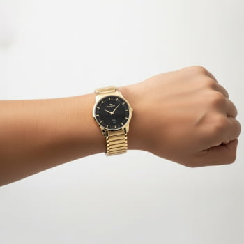 Relógio Technos Slim pequeno Dourado Visor preto Vidro Safira Aço Inoxidável á Prova D'água GL22AA/1P
