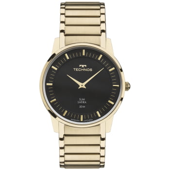 Relógio Technos Slim pequeno Dourado Visor preto Vidro Safira Aço Inoxidável á Prova D'água GL22AA/1P Relógio Technos Slim pequeno Dourado Visor preto Vidro Safira Aço Inoxidável á Prova D'água GL22AA/1P