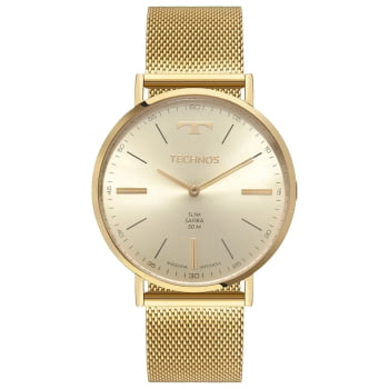 Relógio Technos Slim Safira Dourado Minimalista Visor Champagne Pulsera Milanese Maquinário Japonês Aço Inoxidável Á Prova d´água 2025LUM/1X