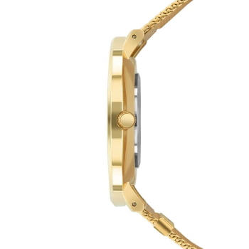 Relógio Technos Slim Safira Dourado Minimalista Visor Champagne Pulsera Milanese Maquinário Japonês Aço Inoxidável Á Prova d´água 2025LUM/1X