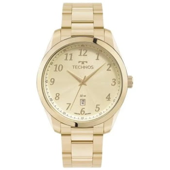Relógio Technos Steel Masculino Dourado Visor Champanhe Texturizado com Calendário Maquinário Japonês Aço Inoxidável  á Prova d'água 2315LAN/1D