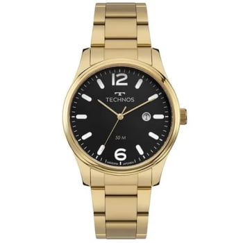 Relógio Technos Steel Masculino Dourado Visor Preto com Calendário Maquinário Japonês Aço Inoxidável  á Prova d'água 2115TZV/1P